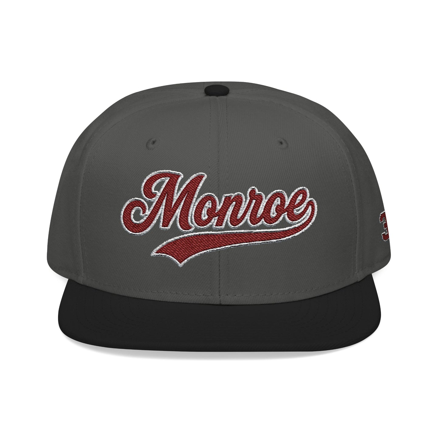 Embroidered Snapback Cap — 'Munroe' Maroon Script with 318 Side Stitch