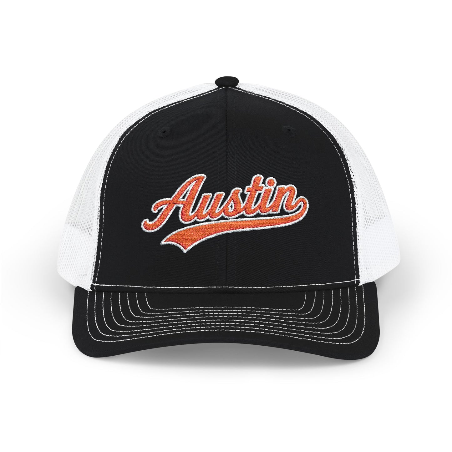 Austin Orange Script Trucker Cap — Retro Embroidered Snapback Hat
