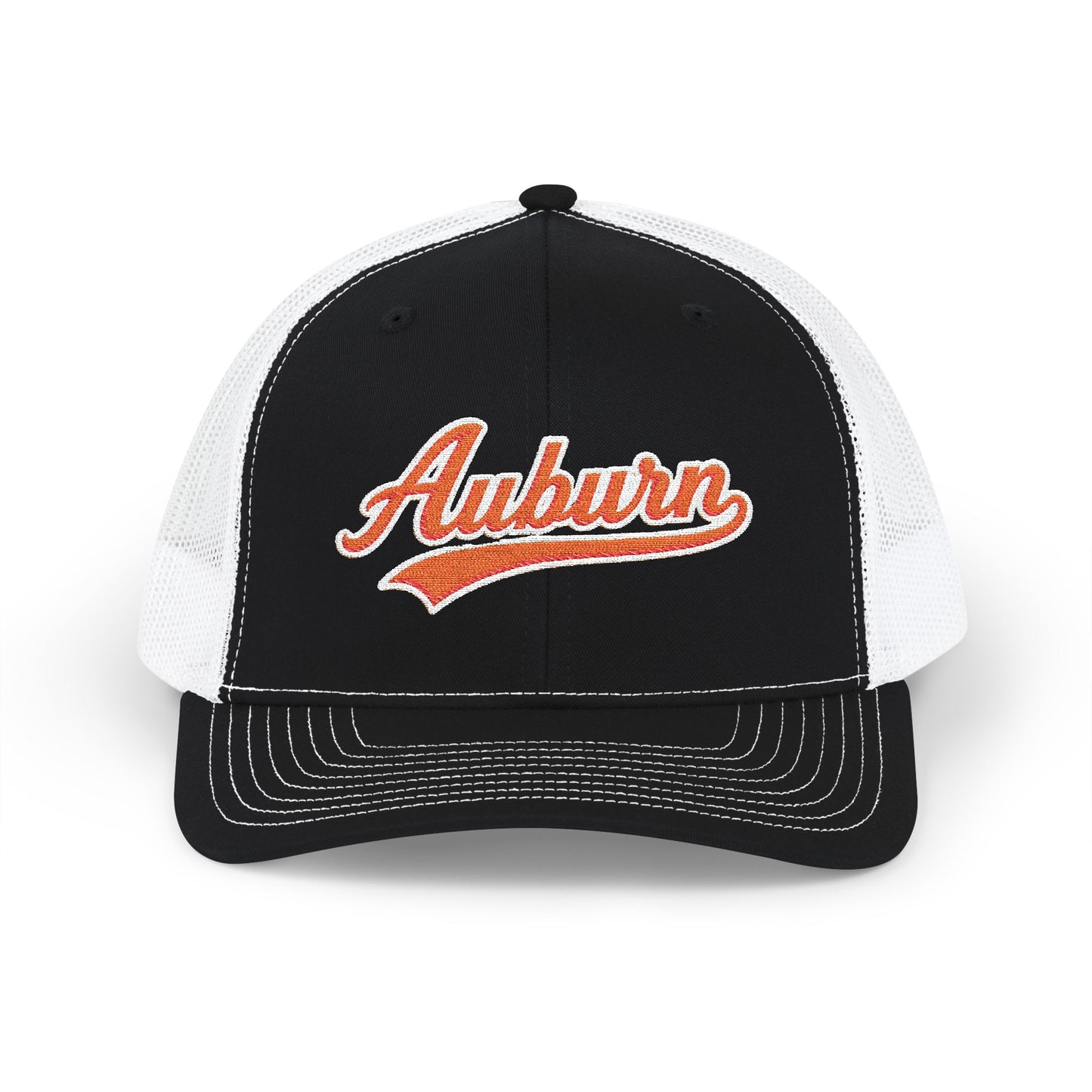 Black and white cap with 'Auburn' text on a white background