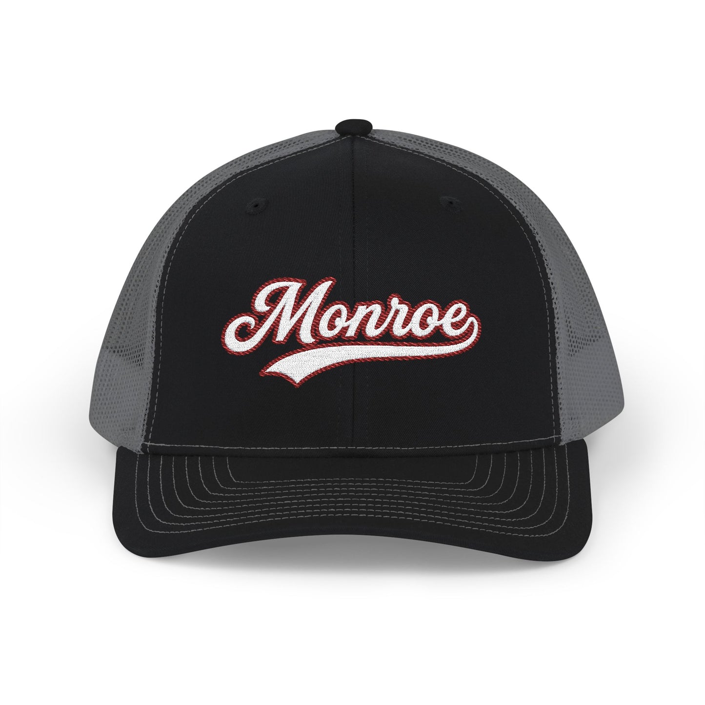 Black and gray Trucker hat with 'Monroe' text on a white background
