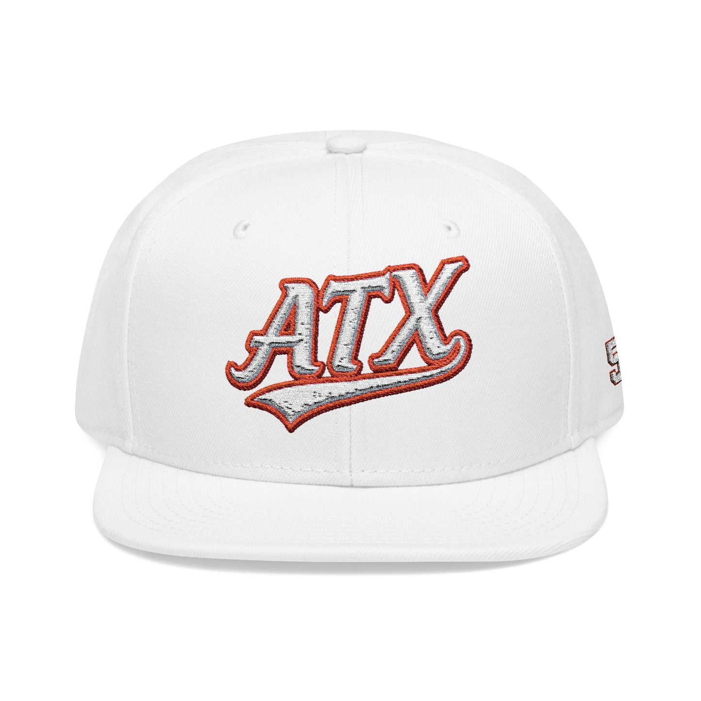 Embroidered Snapback Cap — 'ATX' White Script with 512 Side Stitch