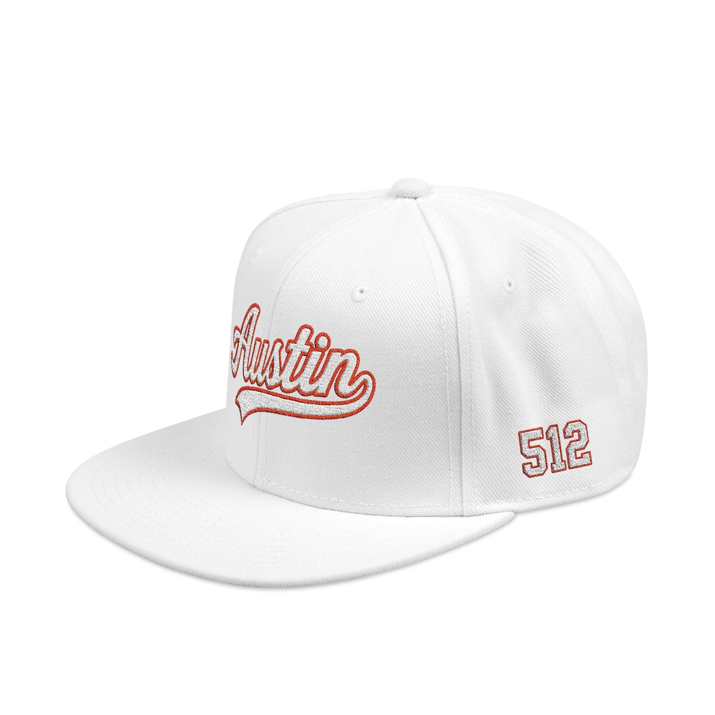 Austin white script embroidered snapback hat with 512 side stitch – 318 Supply Co.