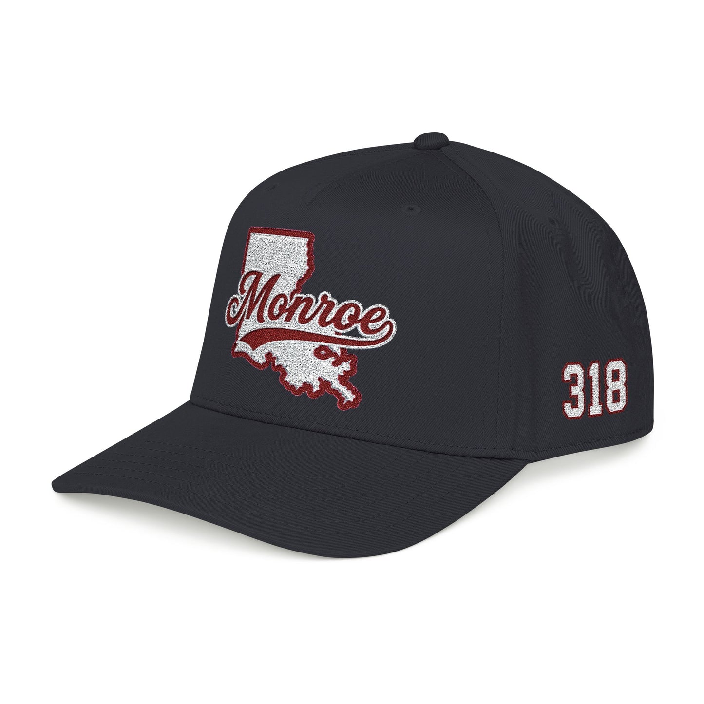 Monroe Louisiana Script & State Outline in Maroon & White Cap