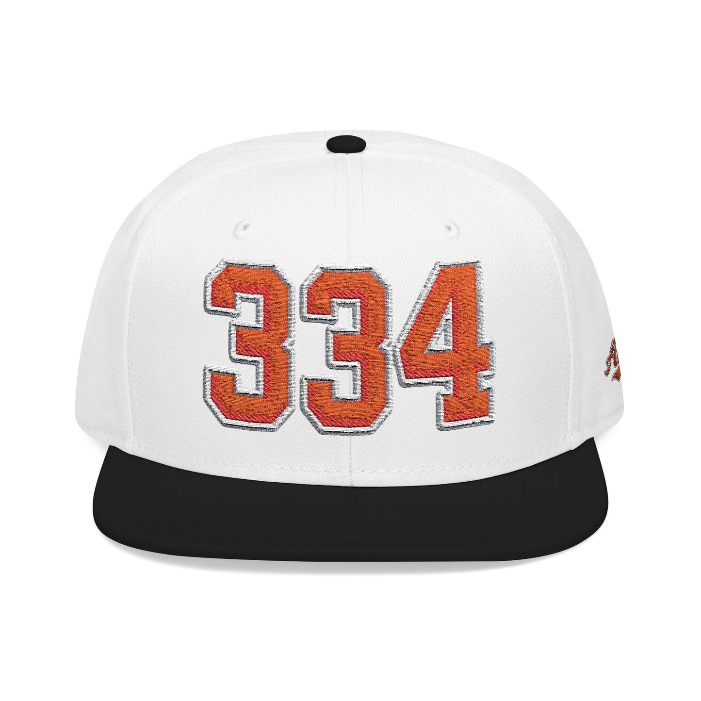 White and black cap with orange and white numbers '334' on a white background