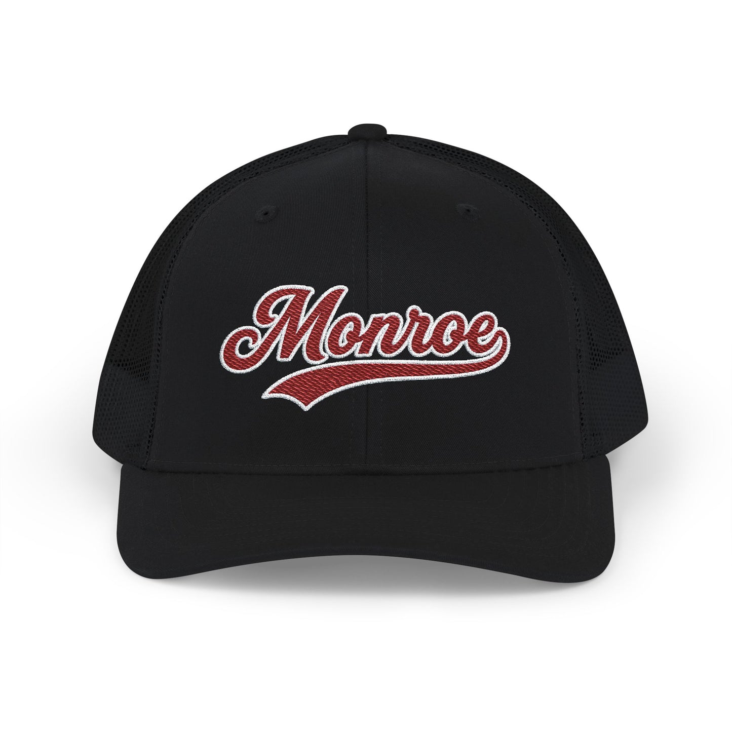 Monroe Maroon Script Trucker Cap — Retro Embroidered Snapback Hat
