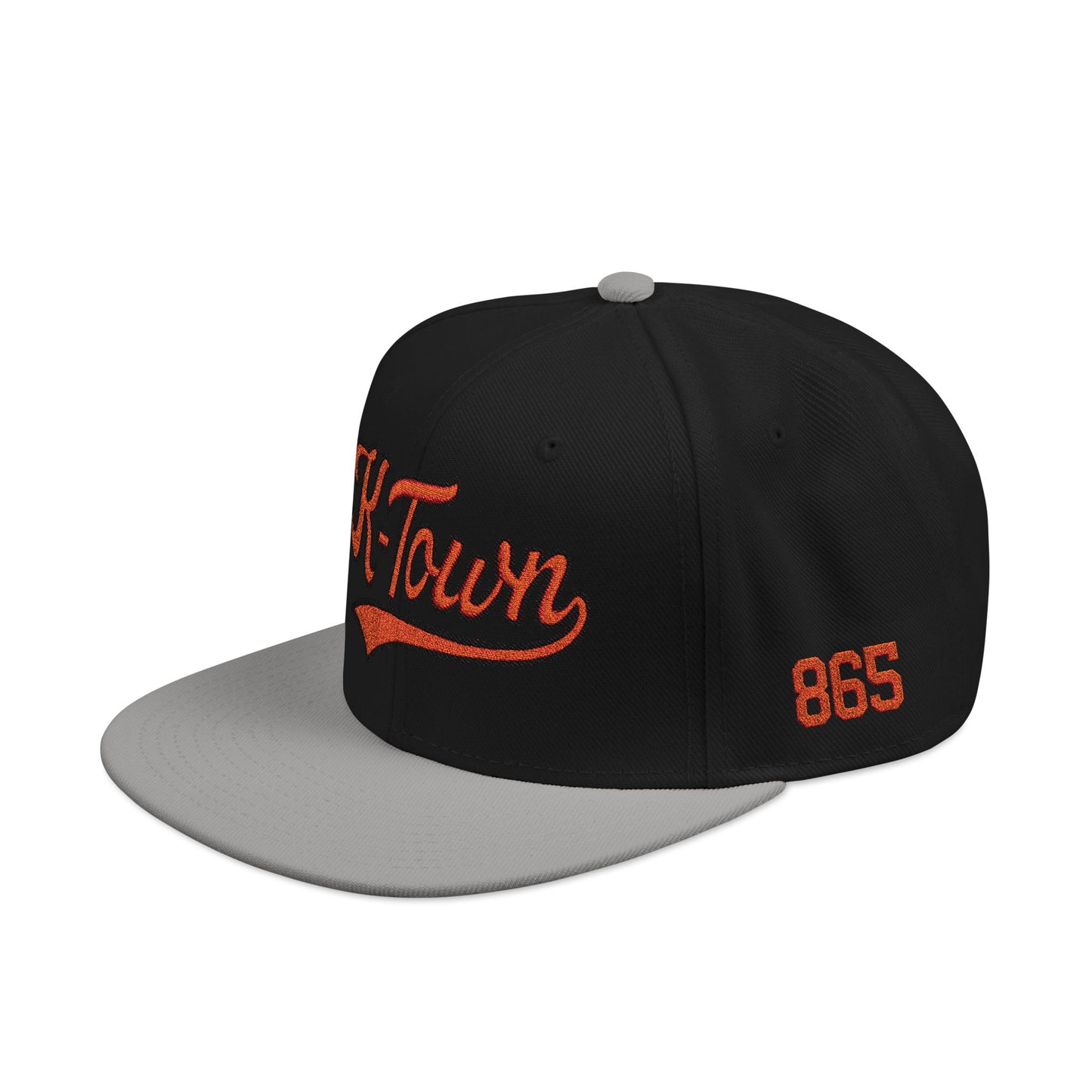 Black and gray cap with orange text on a white background