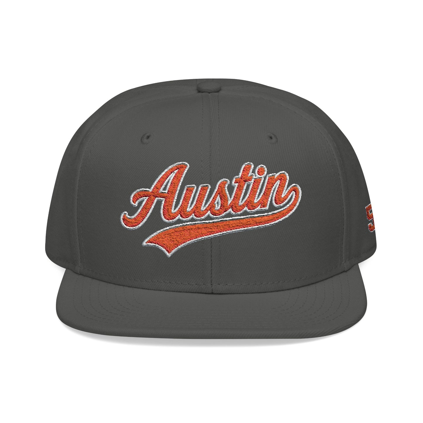 Embroidered Snapback Cap — 'Austin' Orange Script with 512 Side Stitch