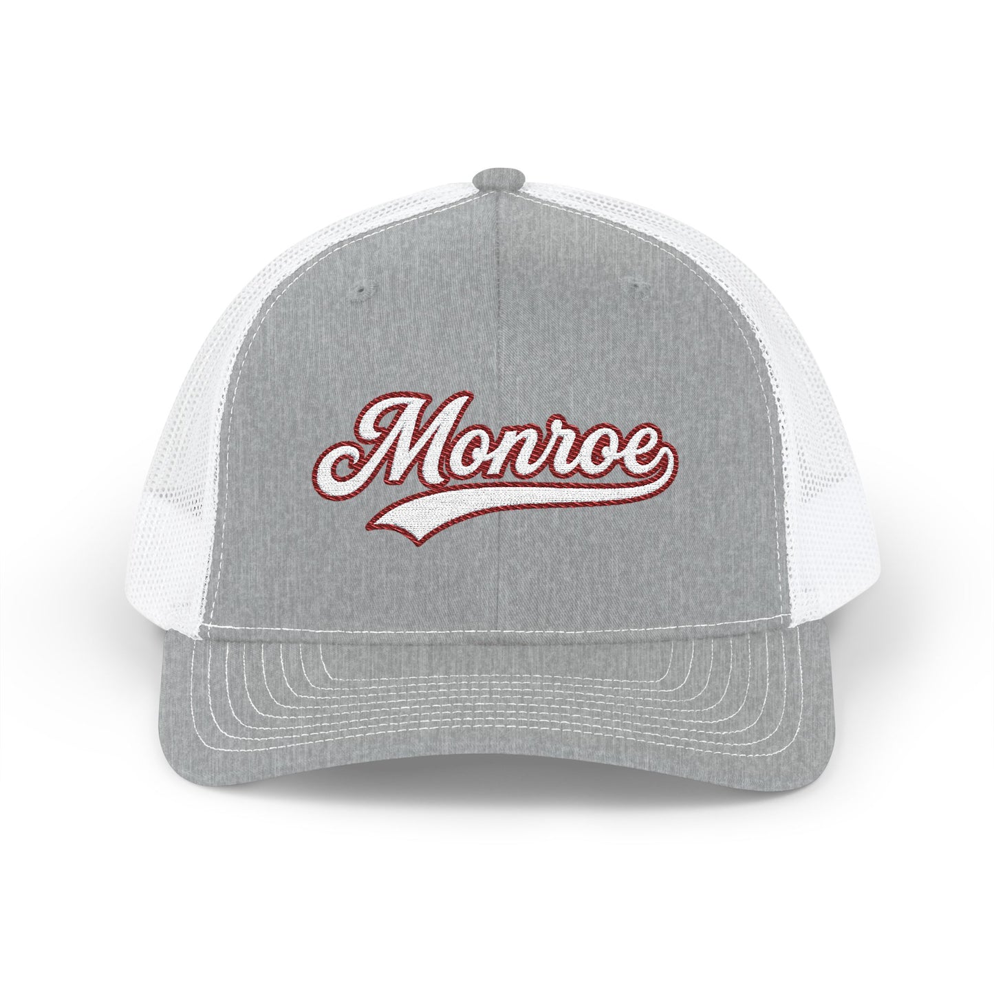 Gray and white Trucker hat with 'Monroe' logo on a white background