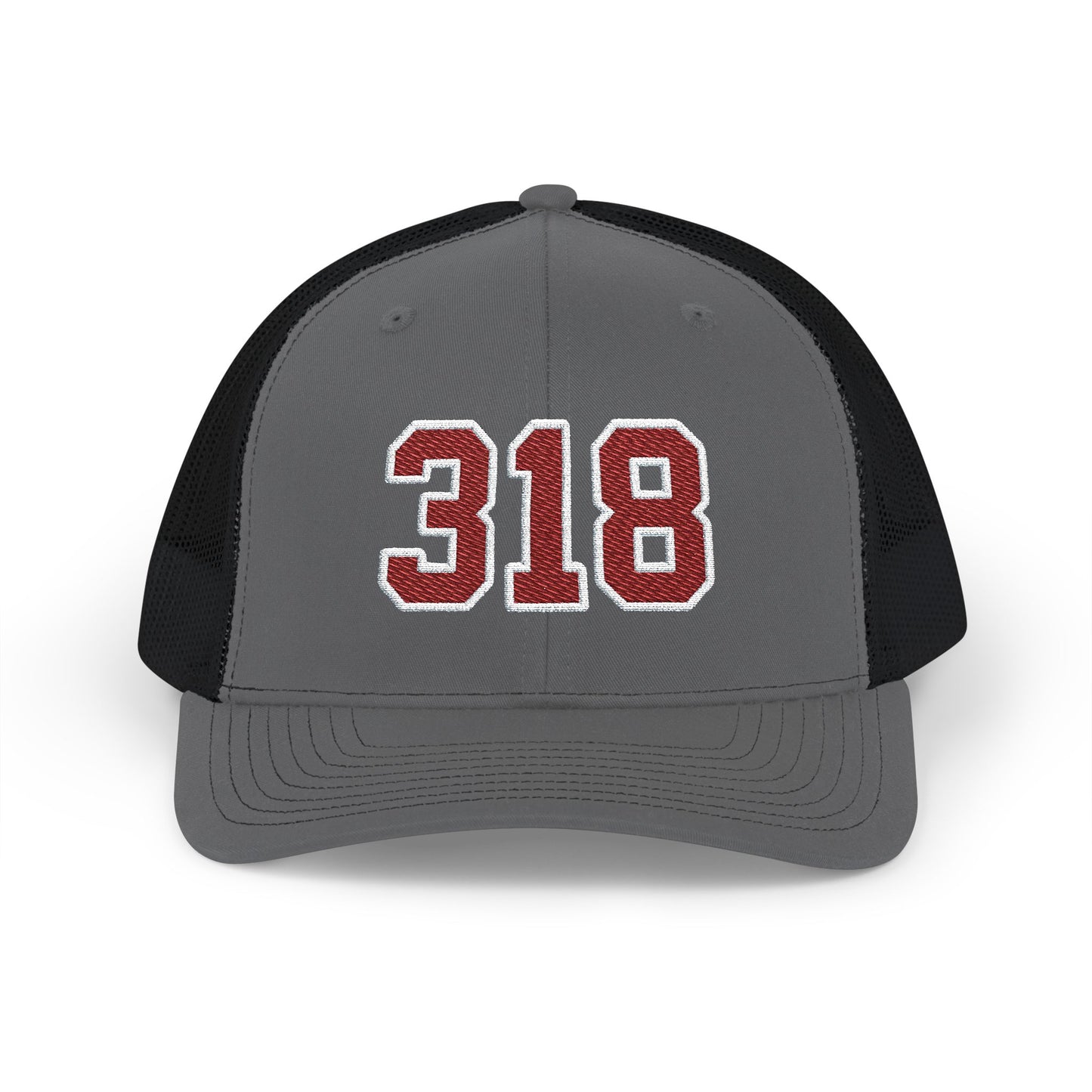 Gray and black trucker cap with maroon and white '318' on a white background