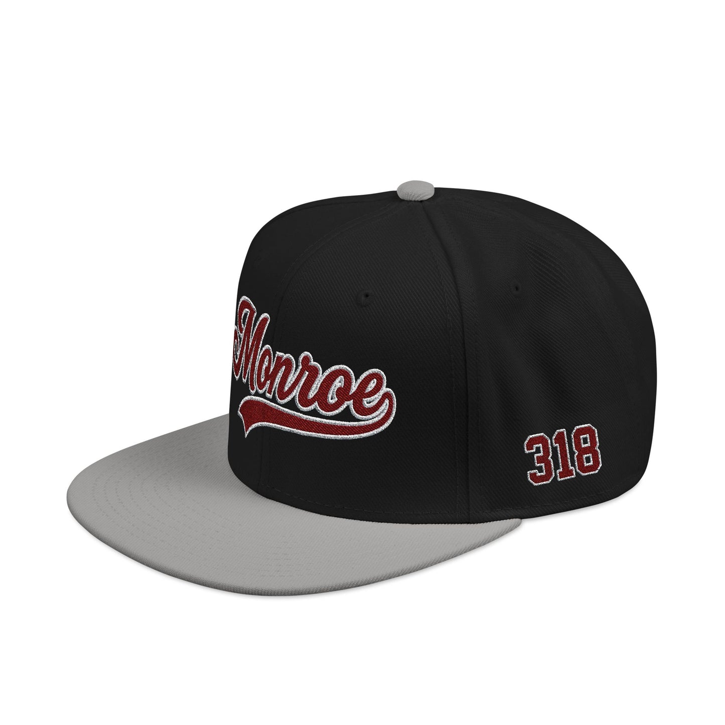 Embroidered Snapback Cap — 'Munroe' Maroon Script with 318 Side Stitch