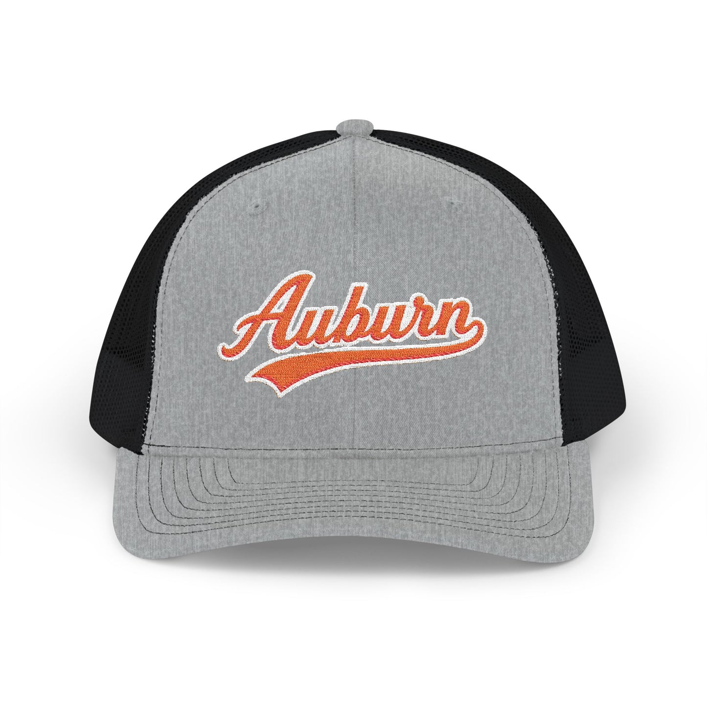 Gray and black trucker hat with 'Auburn' in orange on a white background