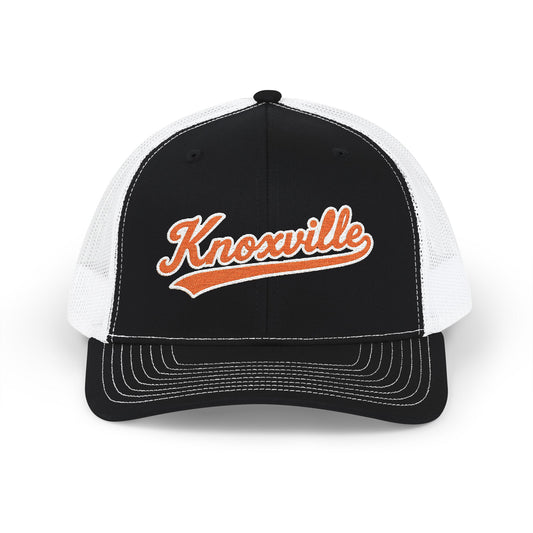 Black and white cap with 'Knoxville' in orange on a white background