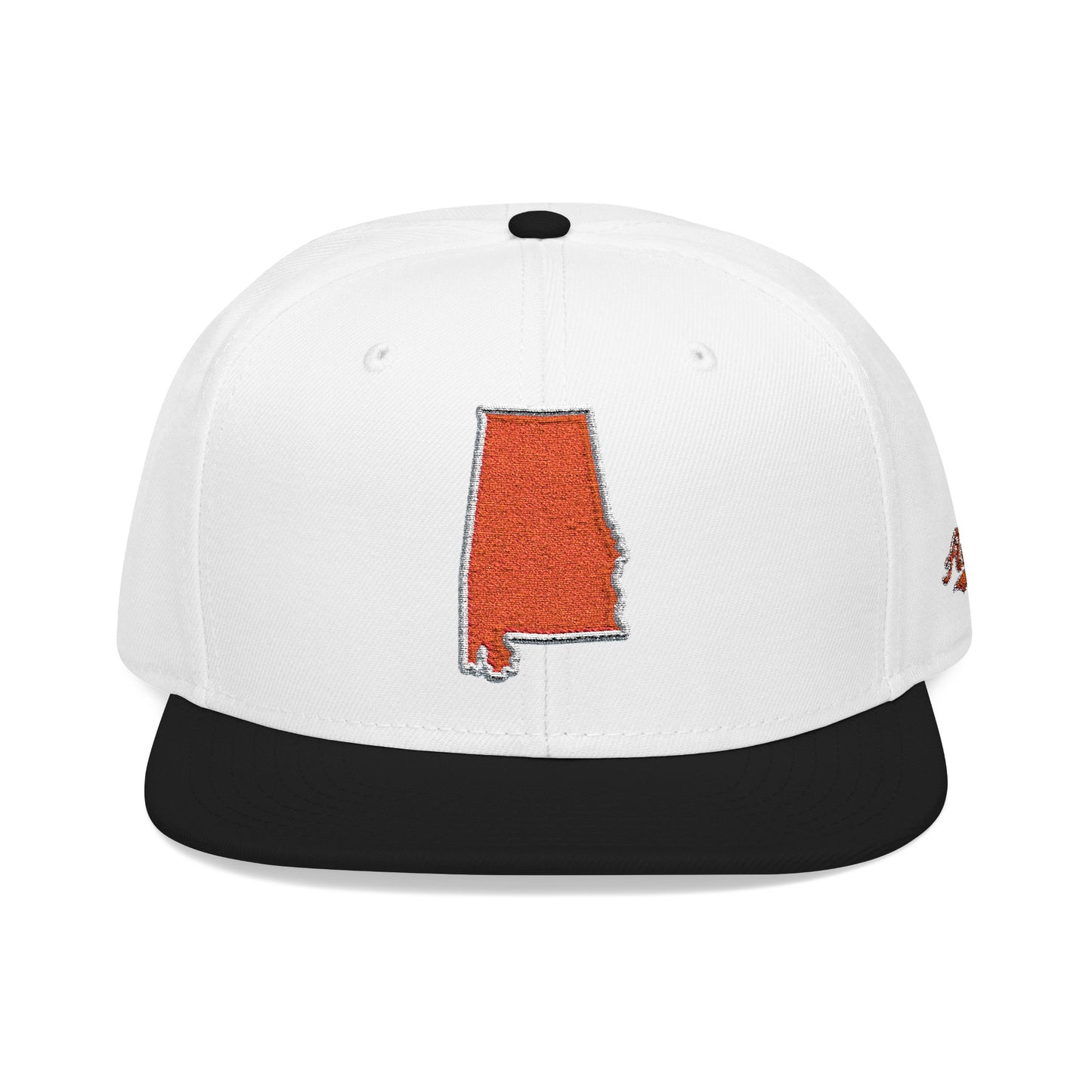 White cap with orange outline of Alabama on a white background