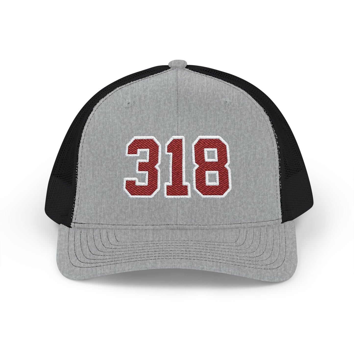 Gray and black trucker cap with maroon and white '318' on a white background