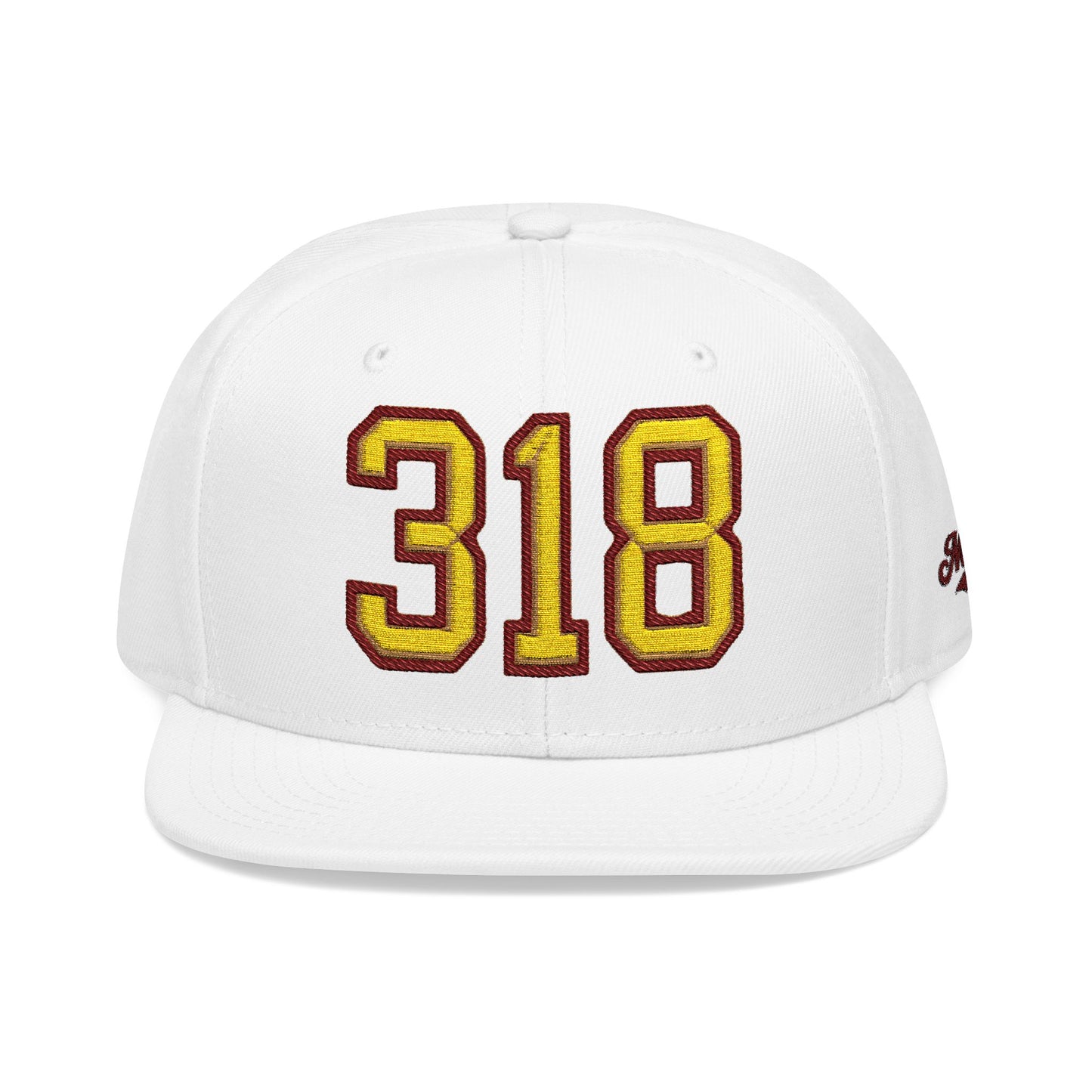 White cap with '318' in gold and maroon on a white background