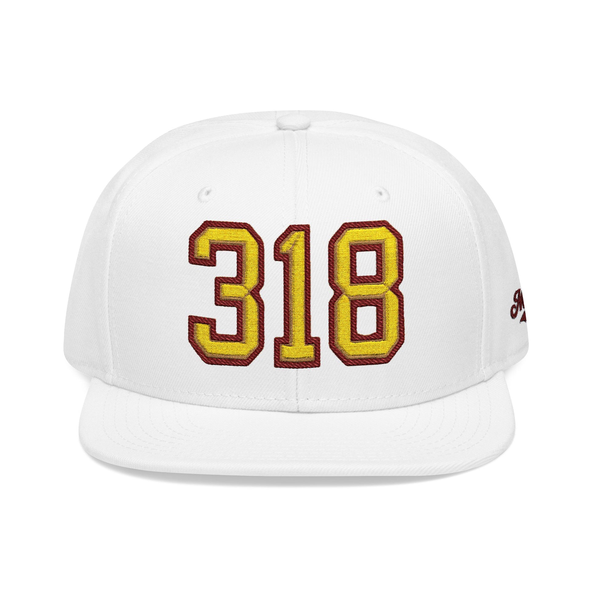 White cap with '318' in gold and maroon on a white background