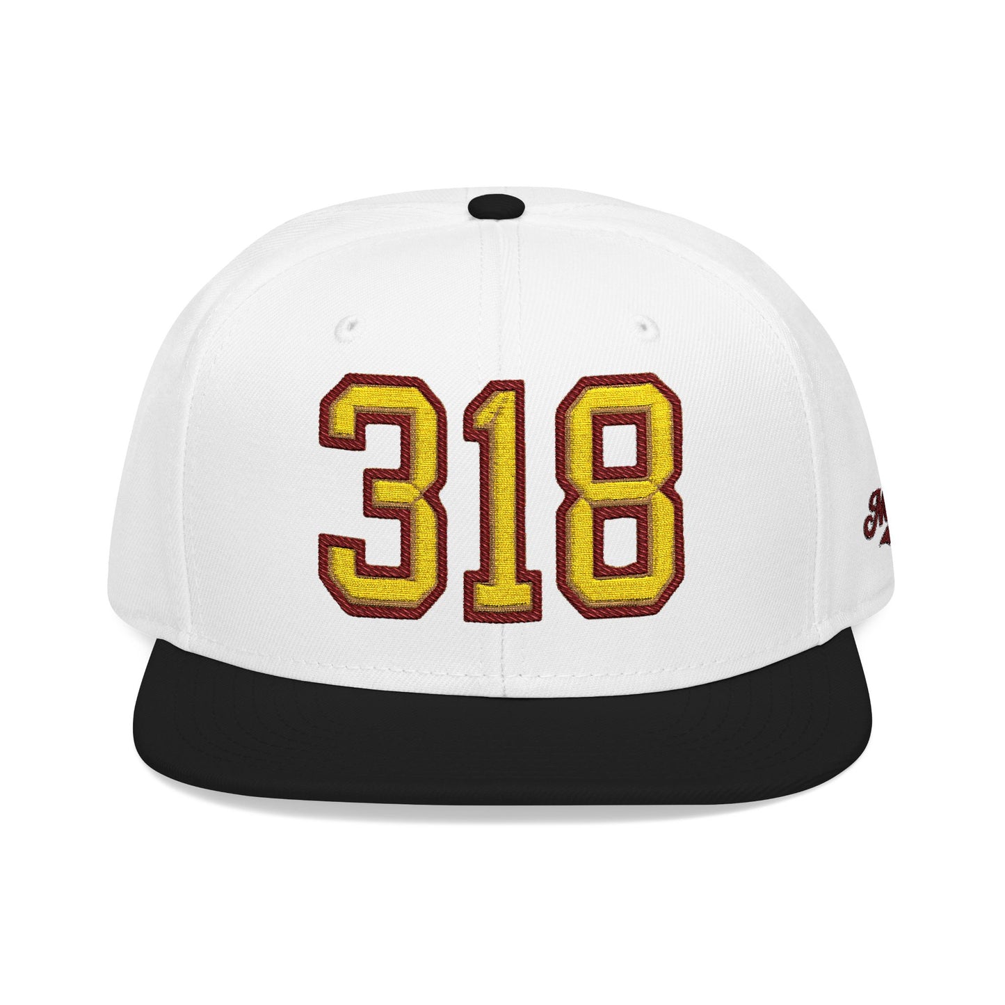 White cap with '318' in gold and maroon on a white background