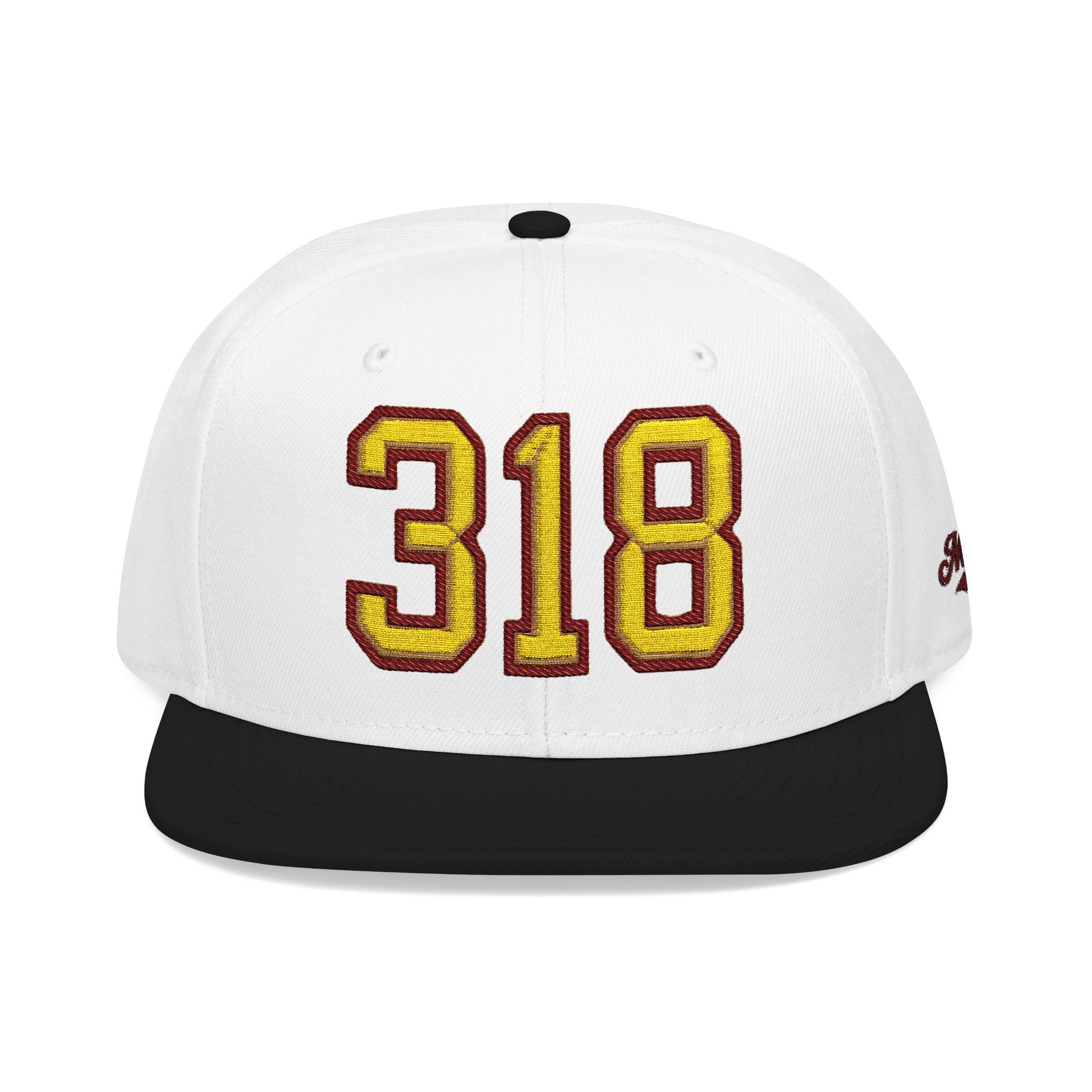 White cap with '318' in gold and maroon on a white background