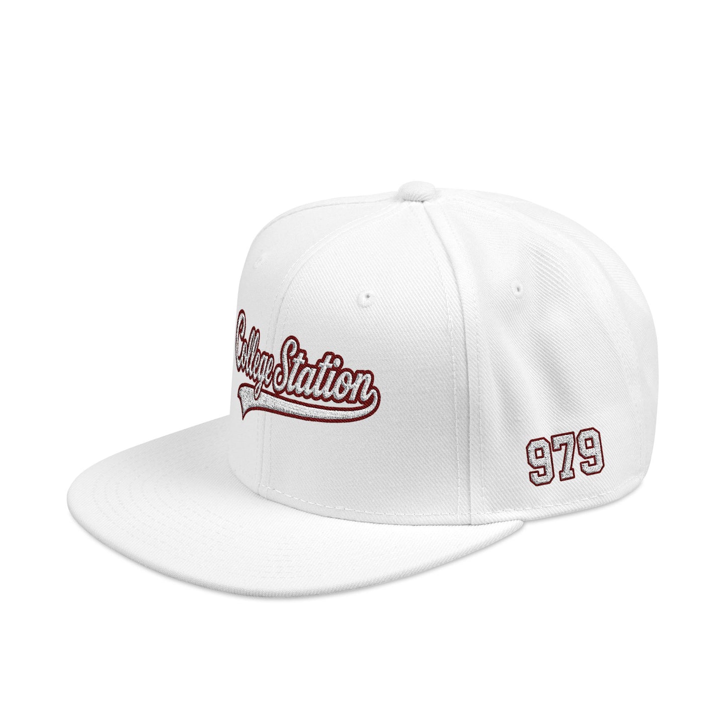 College Station white script embroidered snapback hat with 979 side stitch – 318 Supply Co.