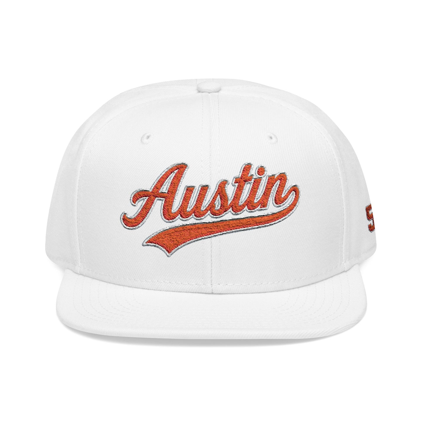 Embroidered Snapback Cap — 'Austin' Orange Script with 512 Side Stitch