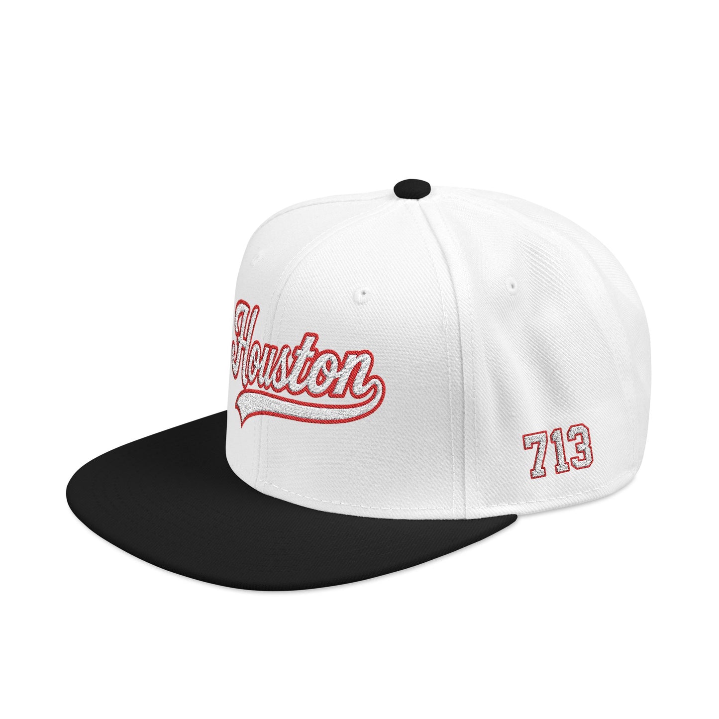 Houston white script embroidered snapback hat with 713 side stitch – 318 Supply Co.