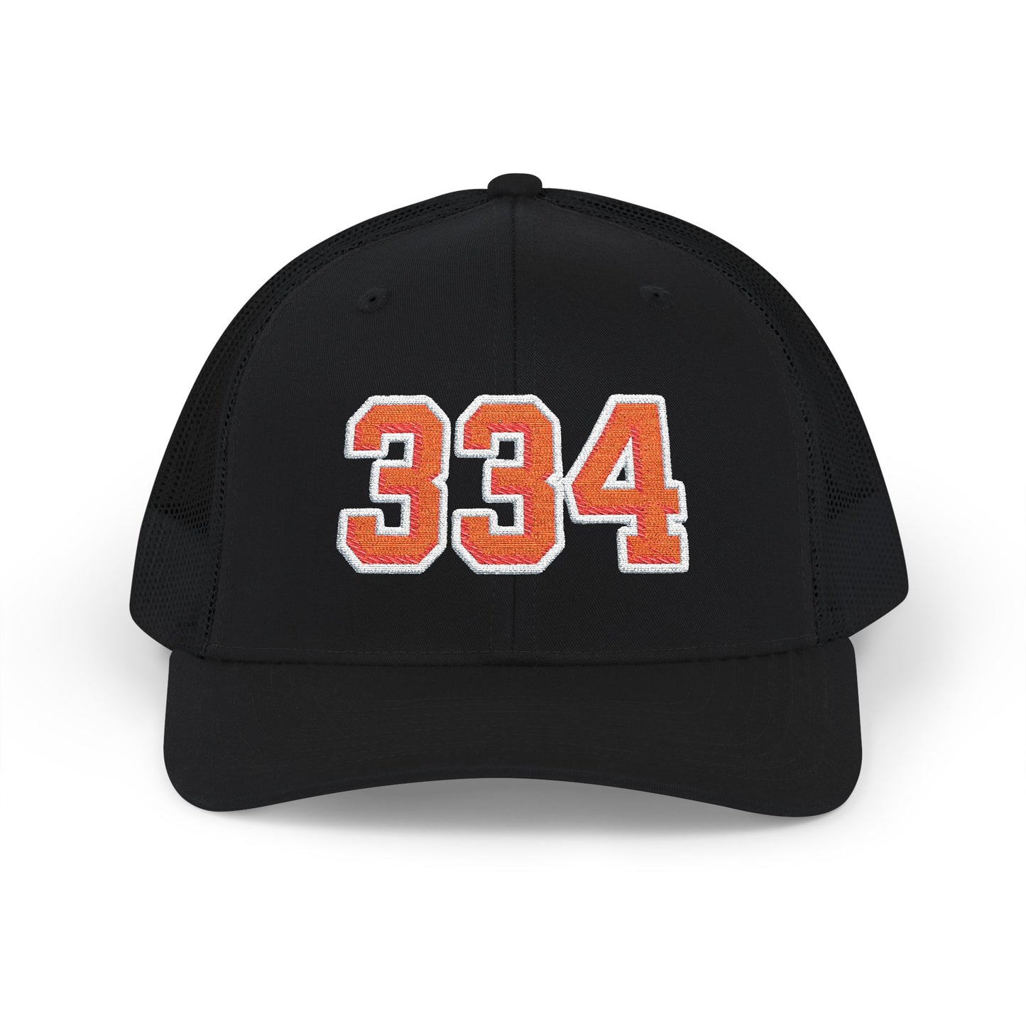 Black cap with orange and white number '334' on a white background