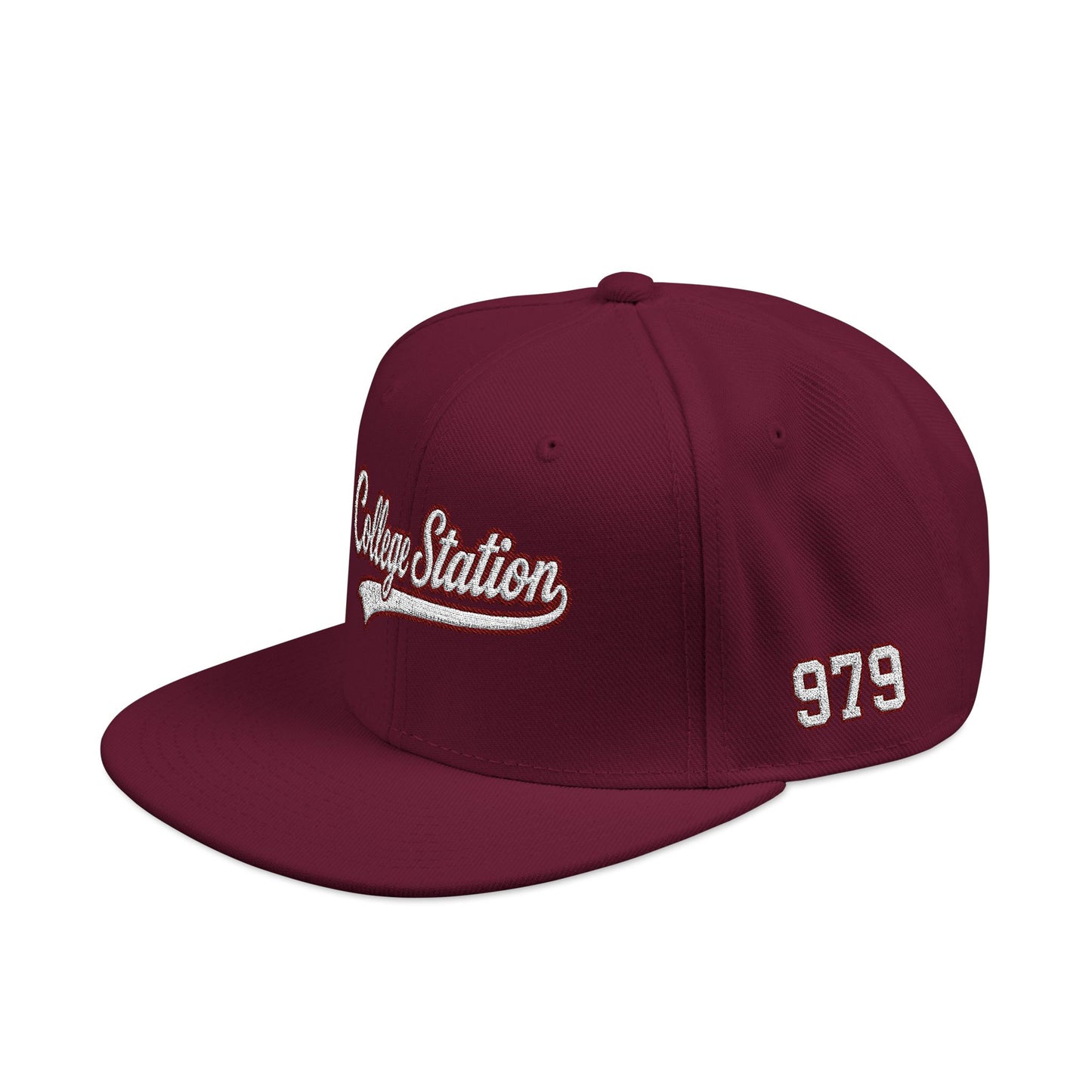 College Station white script embroidered snapback hat with 979 side stitch – 318 Supply Co.