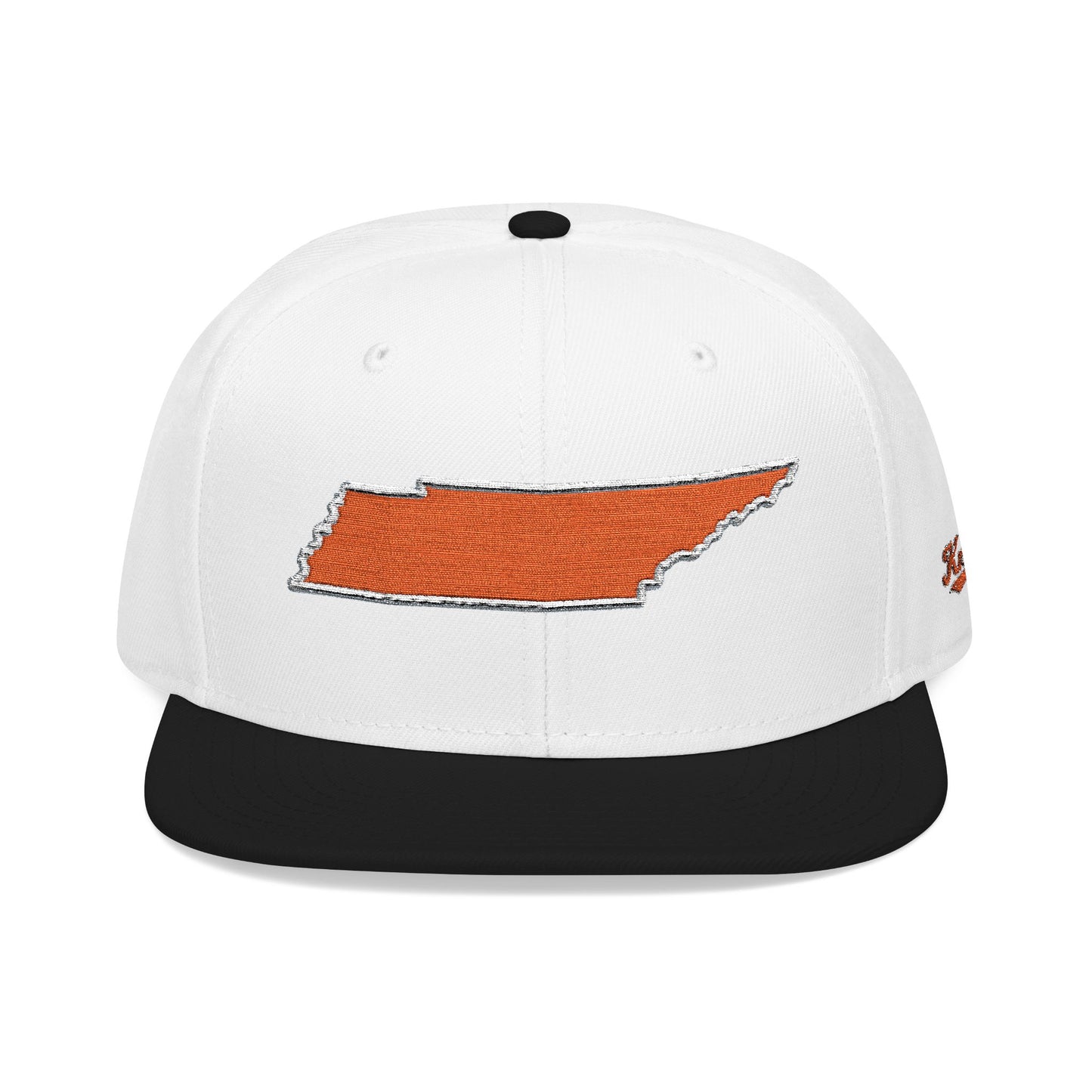 White cap with orange Tennessee outline design on a white background