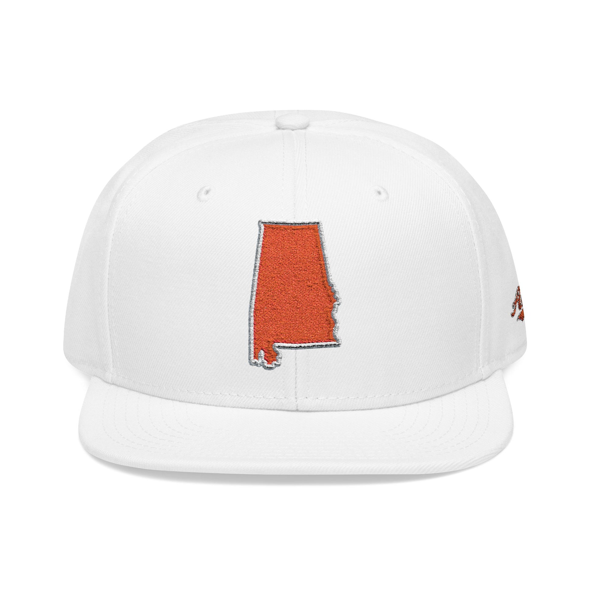 White cap with orange outline of Alabama on a white background