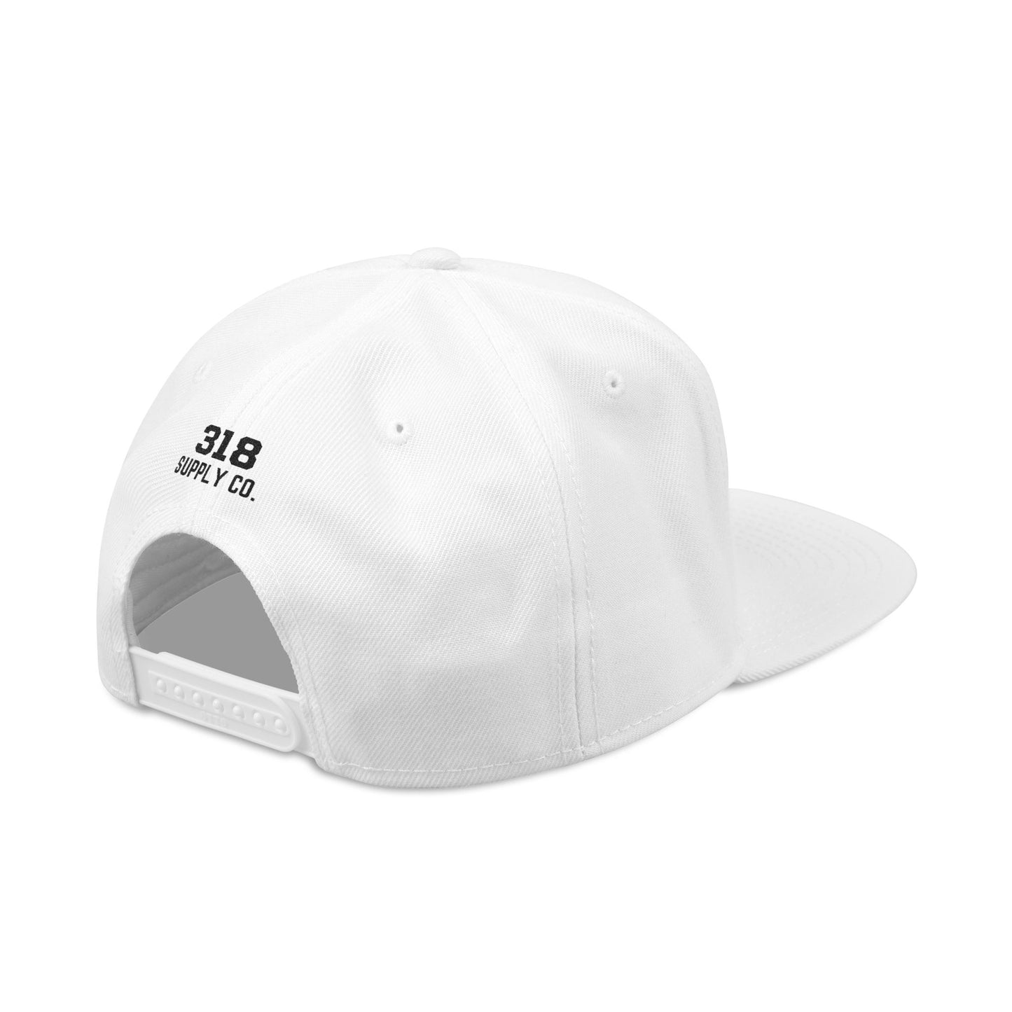 White cap with logo on the back against a white background