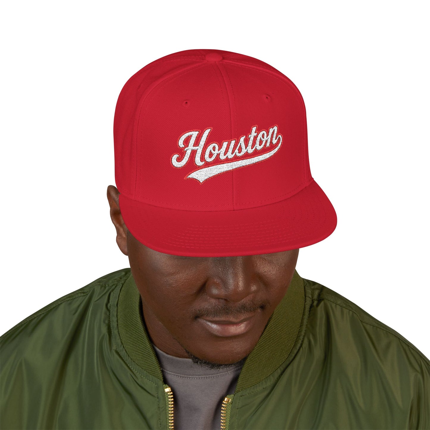Houston white script embroidered snapback hat with 713 side stitch – 318 Supply Co.