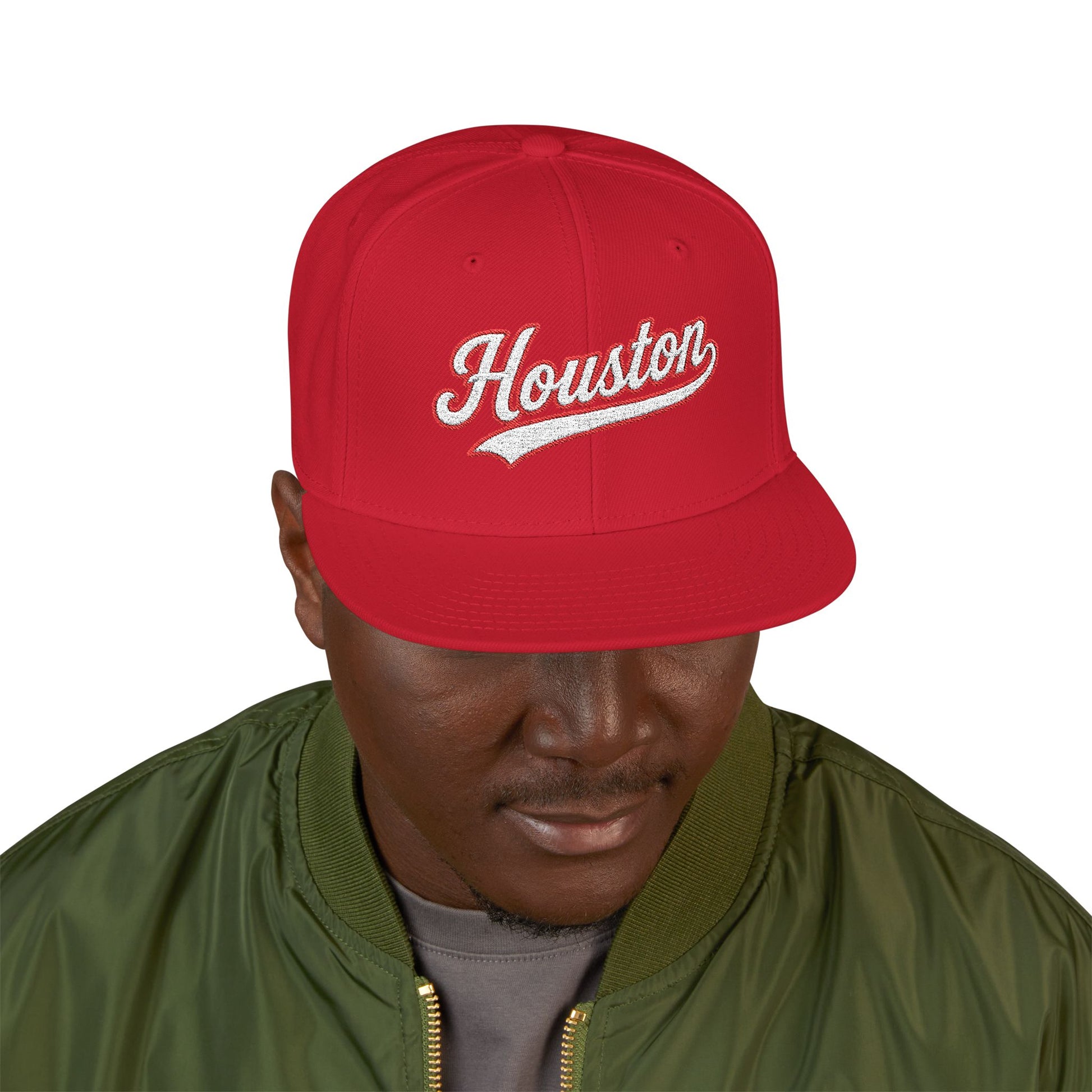 Houston white script embroidered snapback hat with 713 side stitch – 318 Supply Co.