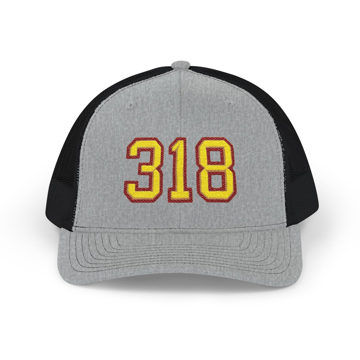 Gray and black trucker hat with '318' in yellow and maroon on a white background