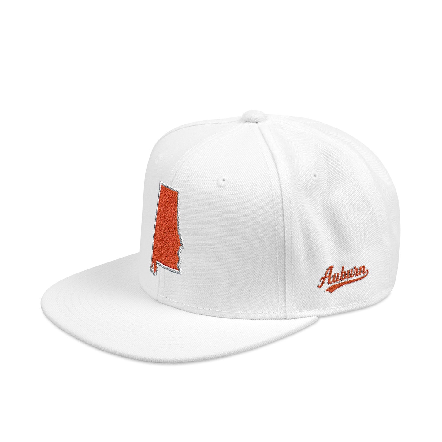 White cap with orange embroidered state of Alabama outline snapback — side view
