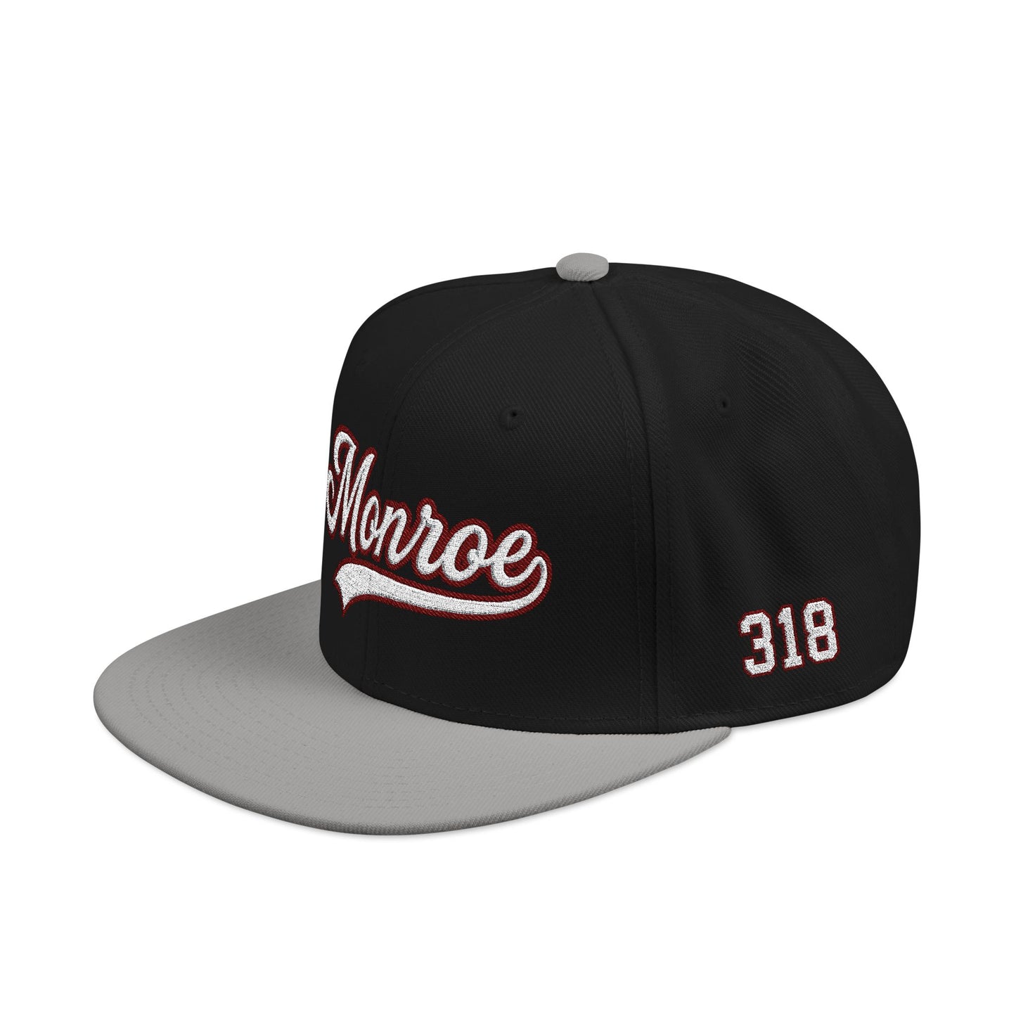 Monroe white script embroidered snapback hat with 318 side stitch – 318 Supply Co.