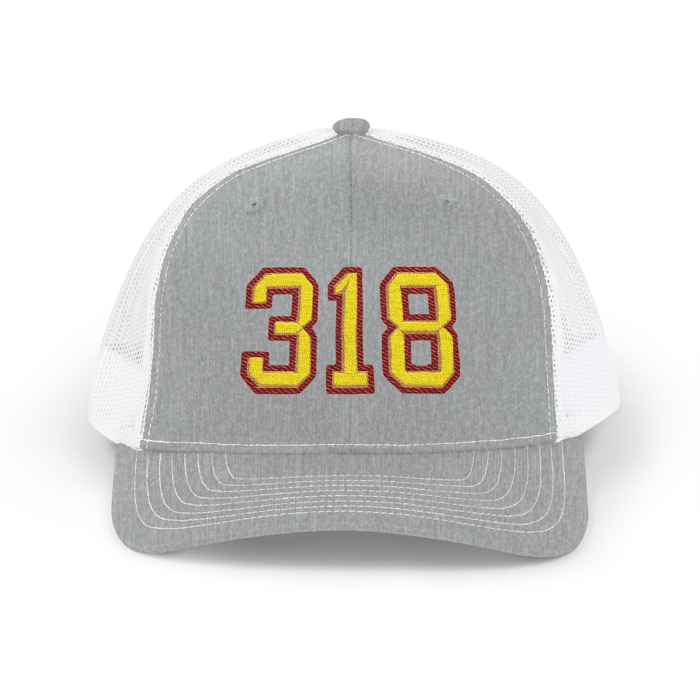 Gray and white cap with '318' embroidered in yellow and maroon on a white background