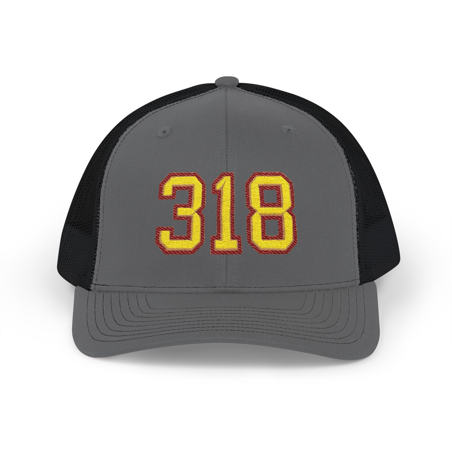 Gray and black cap with '318' in yellow and maroon on a white background