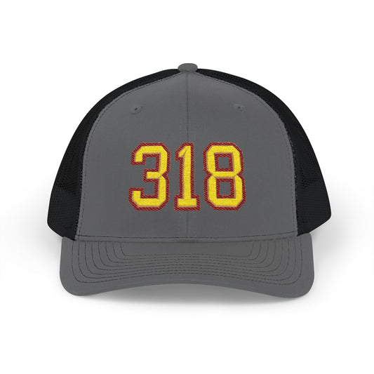Gray and black cap with '318' in yellow and maroon on a white background