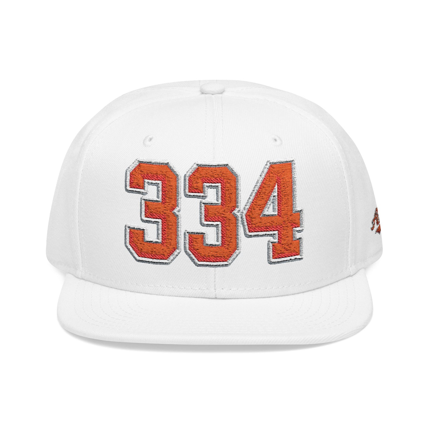 White cap with orange and white '334' on a white background