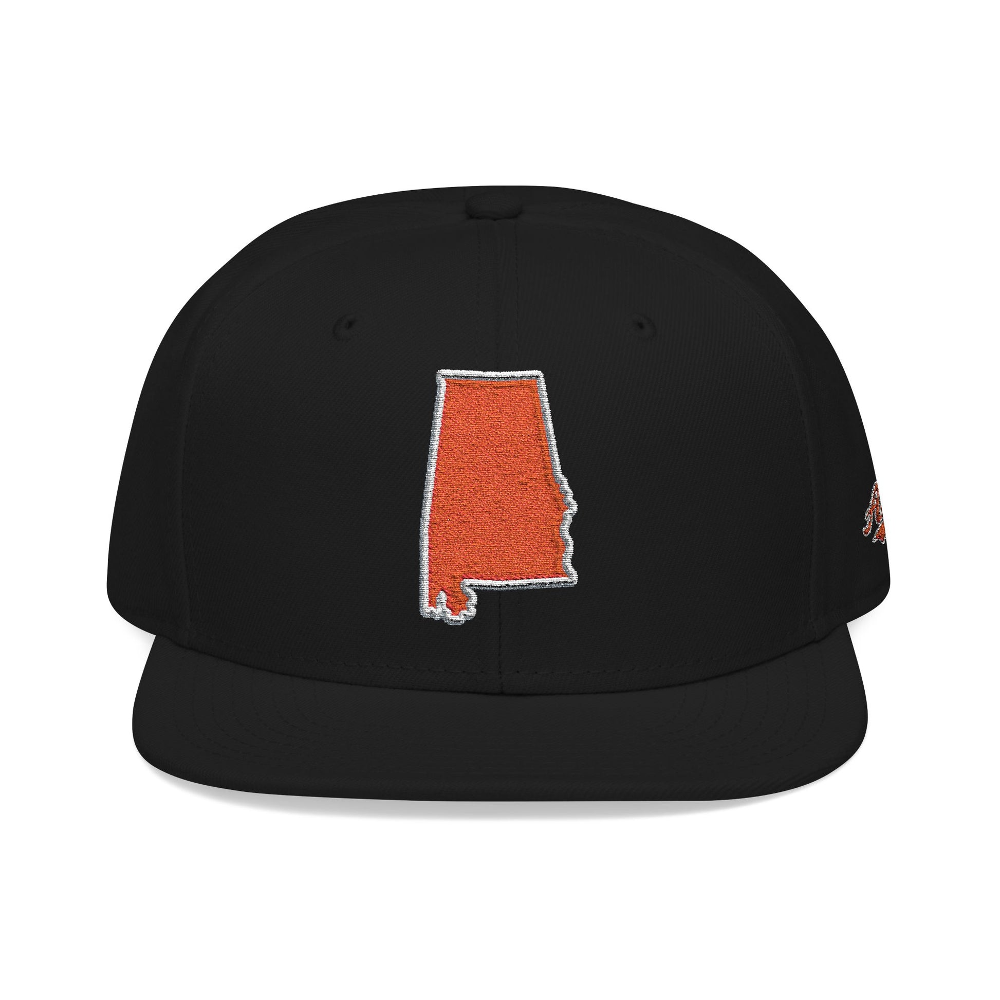 Black cap with an orange outline of Alabama on a white background