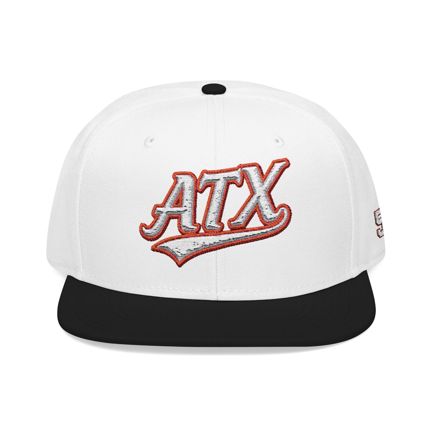 Embroidered Snapback Cap — 'ATX' White Script with 512 Side Stitch