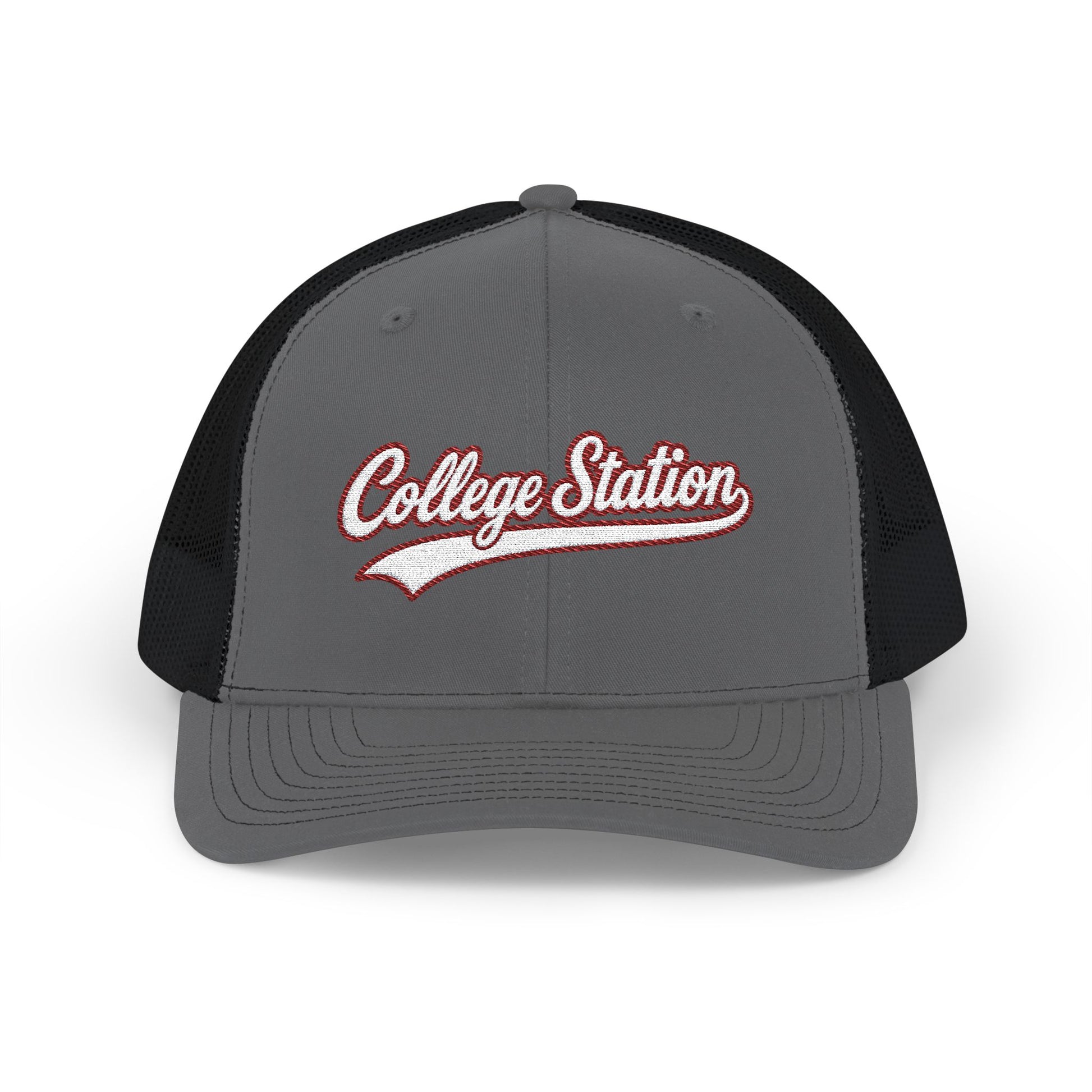 College Station white script retro embroidered trucker cap – 318 Supply Co.