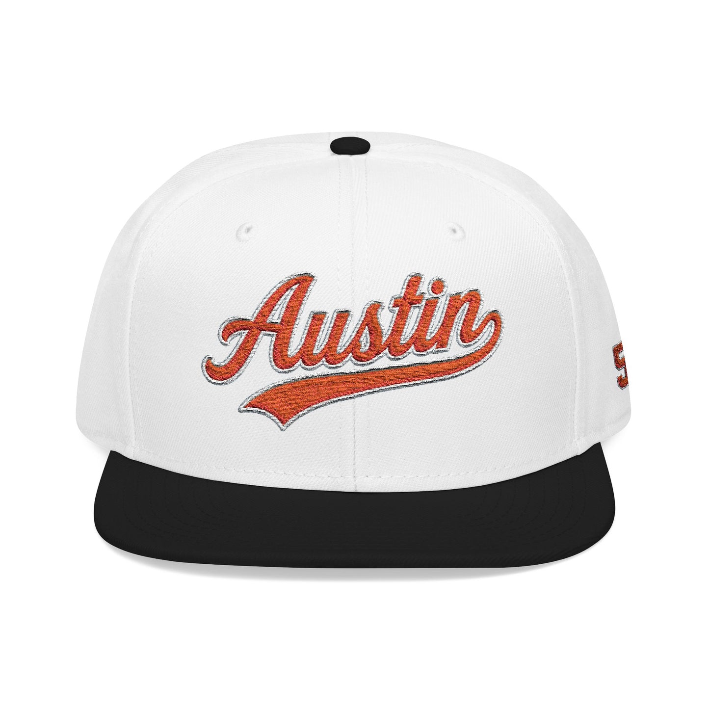 Embroidered Snapback Cap — 'Austin' Orange Script with 512 Side Stitch