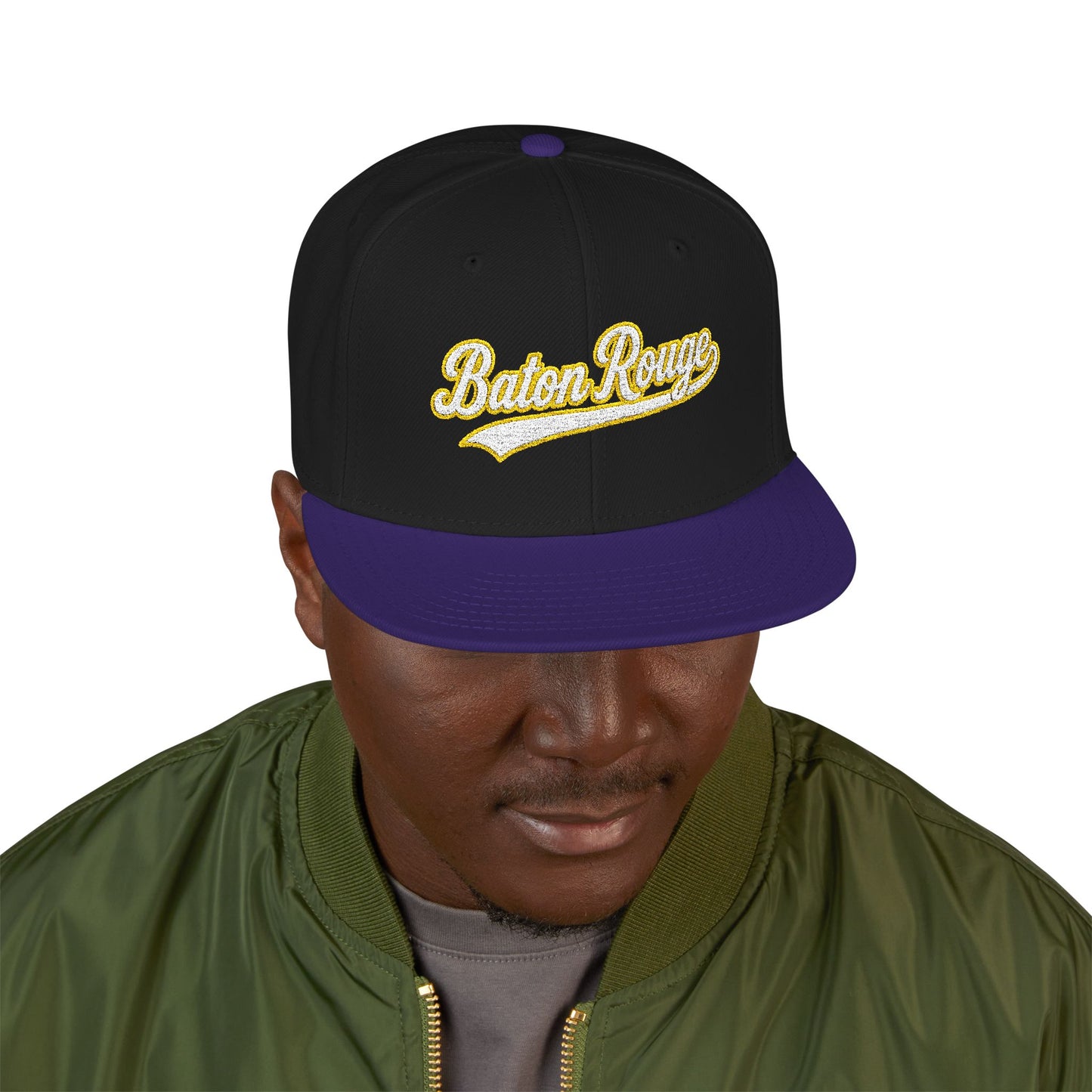 Baton Rouge white script embroidered snapback hat with 225 side stitch – 318 Supply Co.